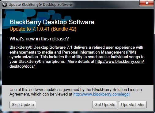 Screenshot of the Blackberry update window