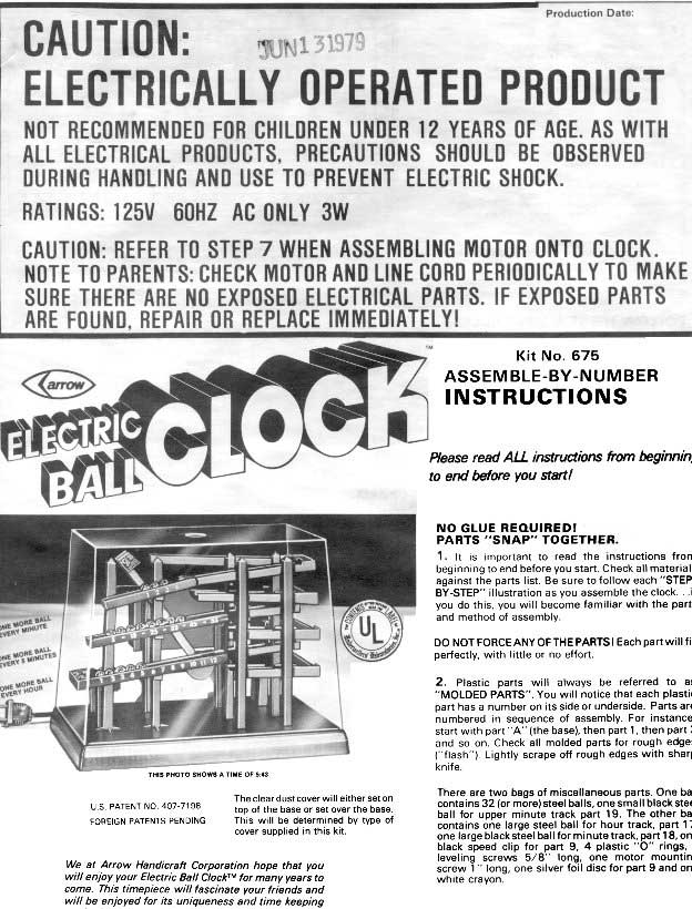 First page of the assembly instruction of the Arrow Ball Clock kit