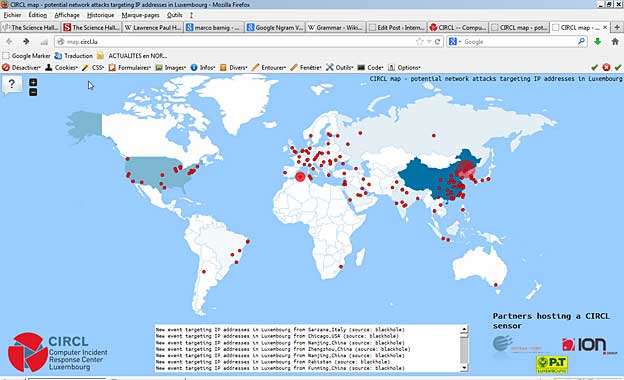 CIRCL map showing real-time attacks targeting IP addresses  in Luxembourg