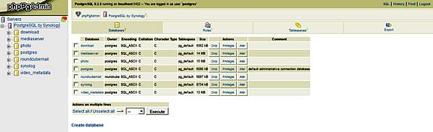 phpPgAdmin Interface on Synology