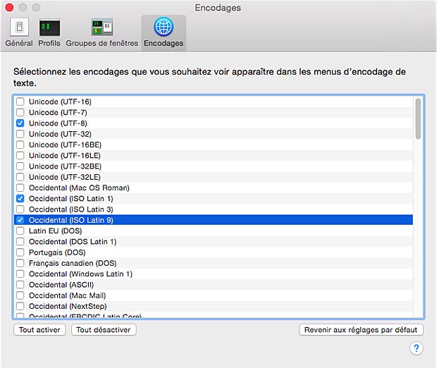 List of character encoding formats in the OSX Terminal