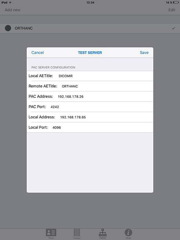 DICOM IR PACS Server Configuration Panel