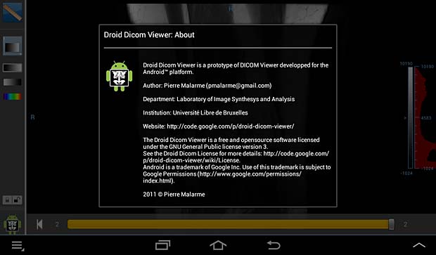 Droid DICOM viewer about panel