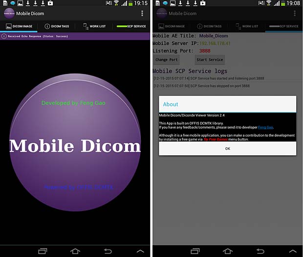 Mobile Dicom Viewer about and config panels