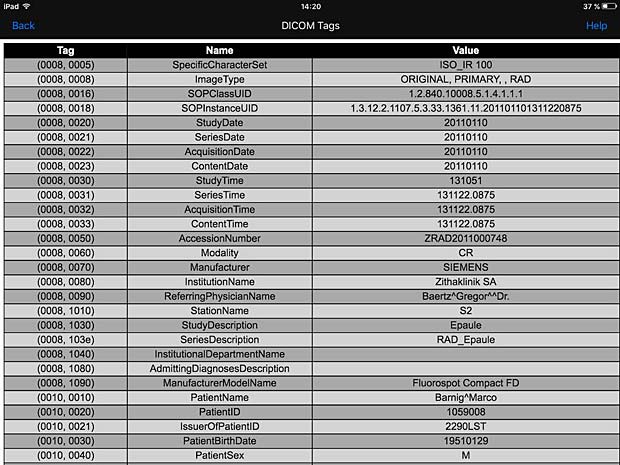 PACSDICOM Viewer metadata panel