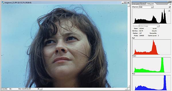 Scanned Kodachrome portrait with histograms