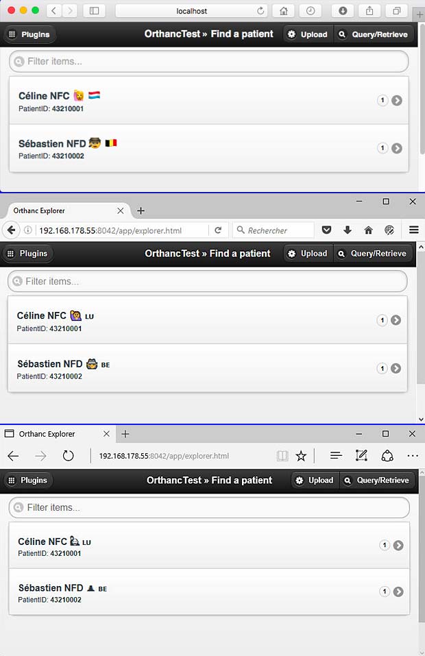 Orthanc Explorer in 3 Web-Browsers : Safari, Firefox and Microsoft Edge